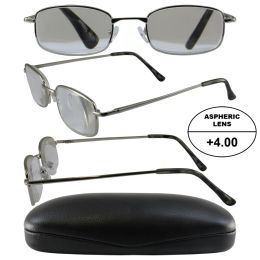Men's High-Powered Reading Glasses: Silver Frame and Black Case +4.00 Magnification Aspheric Lenses