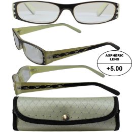 Women's High-Powered Reading Glasses: Beige and Black Frame and Matching Case +5.00 Magnification Aspheric Lenses