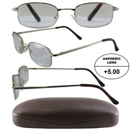 Men's High-Powered Reading Glasses: Gold Frame and Brown Case +5.00 Magnification Aspheric Lenses